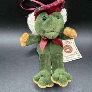 BOYDS #562721 Green Velvet Frog Ornament w/Plaid Hat Lamb's Wool Trimmed 2005